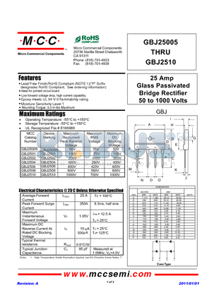 GBJ25005 datasheet - 25 Amp Glass Passivated Bridge Rectifier 50 to 1000 Volts