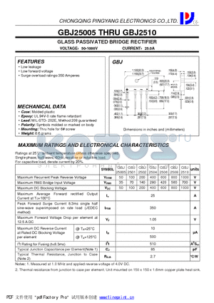 GBJ25005 datasheet - GLASS PASSIVATED BRIDGE RECTIFIER