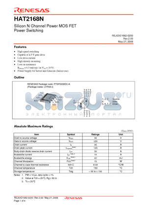 HAT2168N-EL-E datasheet - Silicon N Channel Power MOS FET Power Switching