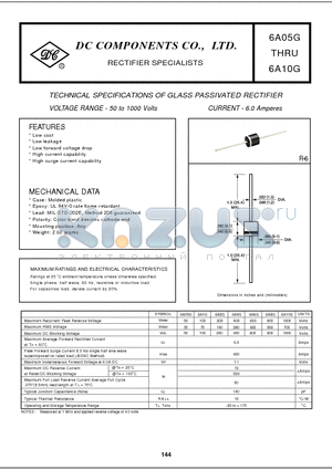 6A05G datasheet - TECHNICAL SPECIFICATIONS OF GLASS PASSIVATED RECTIFIER