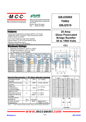 GBJ2506 datasheet - 25 Amp Glass Passivated Bridge Rectifier 50 to 1000 Volts