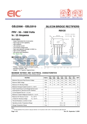 GBJ2508 datasheet - SILICON BRIDGE RECTIFIERS