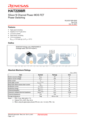 HAT2208R-EL-E datasheet - Silicon N Channel Power MOS FET Power Switching