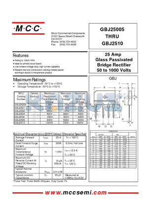 GBJ2510 datasheet - 25 Amp Glass Passivated Bridge Rectifier 50 to 1000 Volts