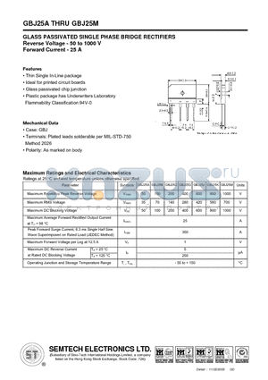 GBJ25A datasheet - GLASS PASSIVATED SINGLE PHASE BRIDGE RECTIFIERS