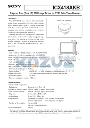 ICX038DNB datasheet - Diagonal 8mm (Type 1/2) CCD Image Sensor for NTSC Color Video Cameras