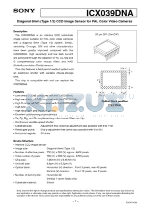 ICX039BNA datasheet - Diagonal 8mm (Type 1/2) CCD Image Sensor for PAL Color Video Cameras
