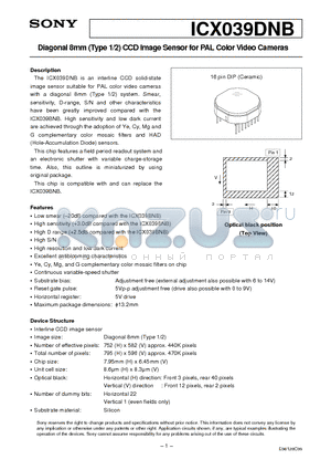 ICX039DNB datasheet - Diagonal 8mm (Type 1/2) CCD Image Sensor for PAL Color Video Cameras