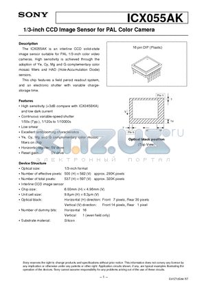 ICX055 datasheet - 1/3-inch CCD Image Sensor for PAL Color Camera