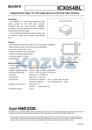 ICX054BL datasheet - Diagonal 6mm (Type 1/3) CCD Image Sensor for EIA B/W Video Cameras