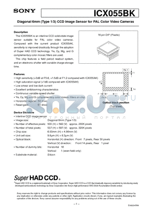 ICX055 datasheet - Diagonal 6mm (Type 1/3) CCD Image Sensor for PAL Color Video Cameras