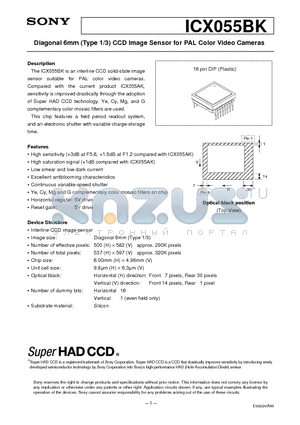 ICX055AK datasheet - Diagonal 6mm (Type 1/3) CCD Image Sensor for PAL Color Video Cameras