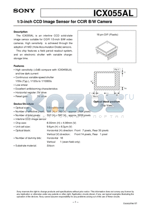ICX055BAL datasheet - 1/3-inch CCD Image Sensor for CCIR B/W Camera