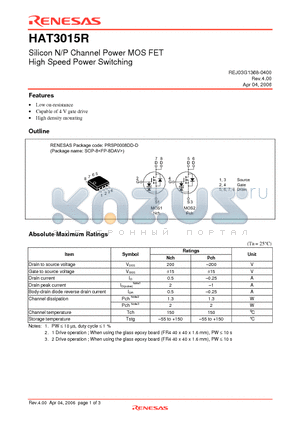 HAT3015R-EL-E datasheet - Silicon N/P Channel Power MOS FET High Speed Power Switching