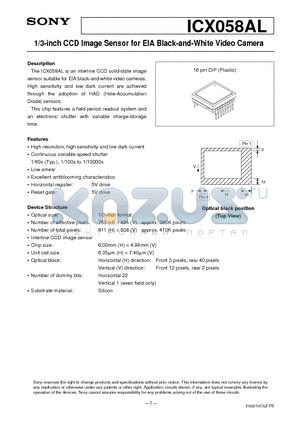 ICX058AL datasheet - 1/3-inch CCD Image Sensor for EIA Black-and-White Video Camera