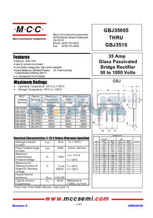 GBJ35005 datasheet - 35 Amp Glass Passivated Bridge Rectifier 50 to 1000 Volts