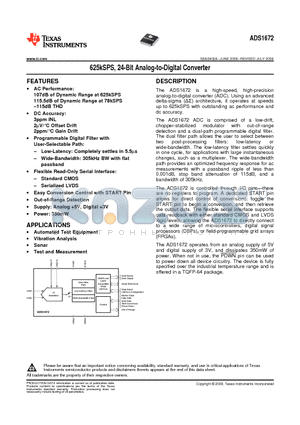ADS1672 datasheet - 625kSPS, 24-Bit Analog-to-Digital Converter