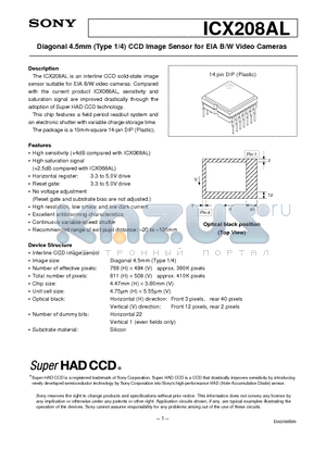 ICX068AL datasheet - Diagonal 4.5mm (Type 1/4) CCD Image Sensor for EIA B/W Video Cameras