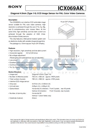 ICX069AK datasheet - Diagonal 4.5mm (Type 1/4) CCD Image Sensor for PAL Color Video Cameras