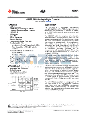 ADS1675_1 datasheet - 4MSPS, 24-Bit Analog-to-Digital Converter