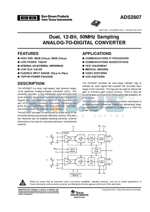 ADS2807 datasheet - Dual, 12-Bit, 50MHz Sampling  ANALOG-TO-DIGITAL CONVERTER