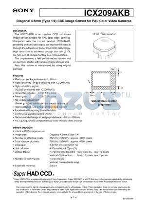 ICX069AKB datasheet - Diagonal 4.5mm (Type 1/4) CCD Image Sensor for PAL Color Video Cameras