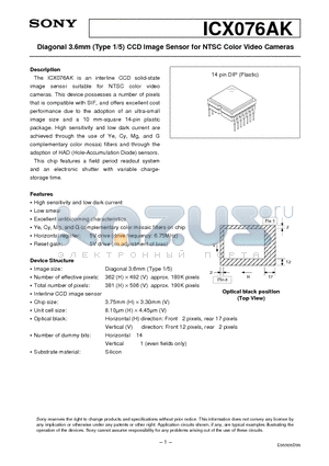 ICX076AK datasheet - Diagonal 3.6mm (Type 1/5) CCD Image Sensor for NTSC Color Video Cameras
