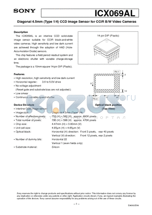 ICX069AL datasheet - Diagonal 4.5mm (Type 1/4) CCD Image Sensor for CCIR B/W Video Cameras