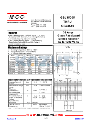 GBJ3501 datasheet - 35 Amp Glass Passivated Bridge Rectifier 50 to 1000 Volts