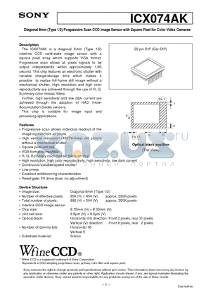 ICX074 datasheet - Diagonal 8mm (Type 1/2) Progressive Scan CCD Image Sensor with Square Pixel for Color Video Cameras