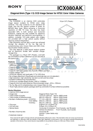 ICX080AK datasheet - Diagonal 6mm (Type 1/3) CCD Image Sensor for NTSC Color Video Cameras