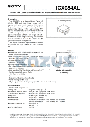ICX084 datasheet - Diagonal 6mm (Type 1/3) Progressive Scan CCD Image Sensor with Square Pixel for B/W Cameras