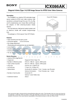 ICX086AK datasheet - Diagonal 4.5mm (Type 1/4) CCD Image Sensor for NTSC Color Video Cameras