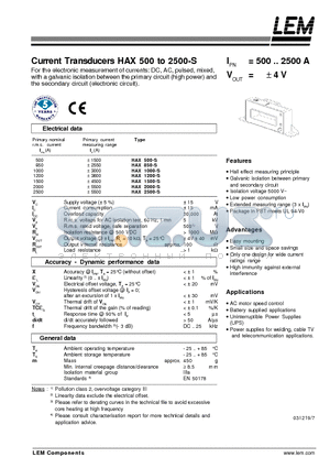 HAX500-S datasheet - Current Transducers HAX 500 to 2500-S