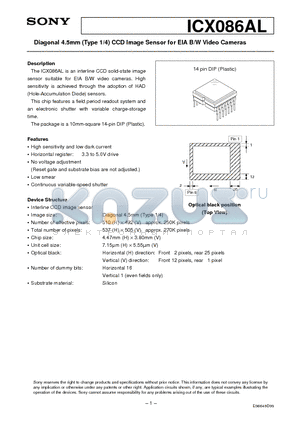 ICX086AL datasheet - Diagonal 4.5mm (Type 1/4) CCD Image Sensor for EIA B/W Video Cameras