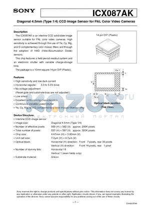 ICX087AK datasheet - Diagonal 4.5mm (Type 1/4) CCD Image Sensor for PAL Color Video Cameras