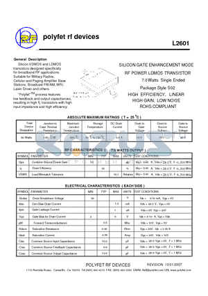 L2601 datasheet - SILICON GATE ENHANCEMENT MODE RF POWER LDMOS TRANSISTOR