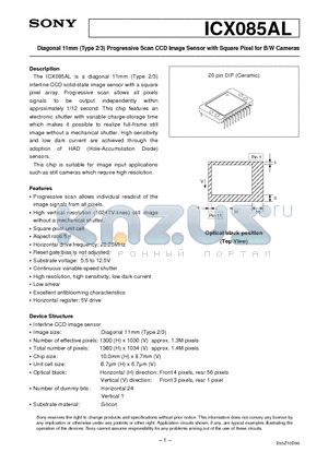 ICX085 datasheet - Diagonal 11mm (Type 2/3) Progressive Scan CCD Image Sensor with Square Pixel for B/W Cameras
