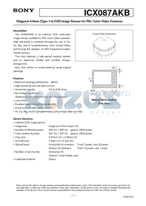 ICX087AKB datasheet - Diagonal 4.5mm (Type 1/4) CCD Image Sensor for PAL Color Video Cameras