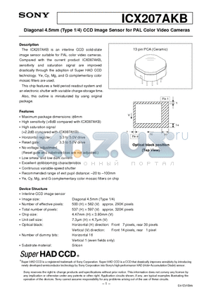 ICX087AKB datasheet - Diagonal 4.5mm (Type 1/4) CCD Image Sensor for PAL Color Video Cameras