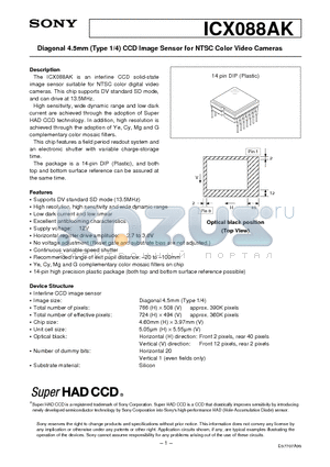 ICX088AK datasheet - Diagonal 4.5mm (Type 1/4) CCD Image Sensor for NTSC Color Video Cameras