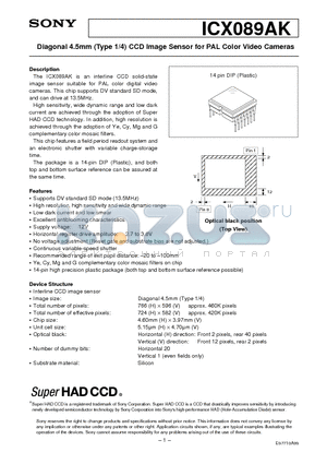 ICX089AK datasheet - Diagonal 4.5mm (Type 1/4) CCD Image Sensor for PAL Color Video Cameras