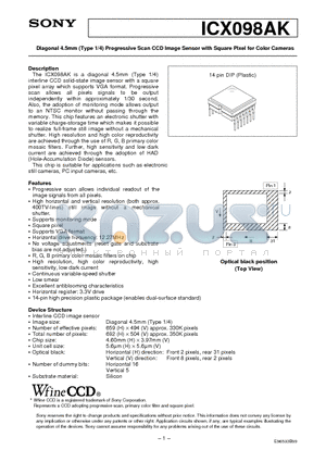 ICX098 datasheet - Diagonal 4.5mm (Type 1/4) Progressive Scan CCD Image Sensor with Square Pixel for Color Cameras