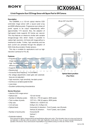 ICX099AL datasheet - 1/2-inch Progressive Scan CCD Image Sensor with Square Pixel for B/W Cameras