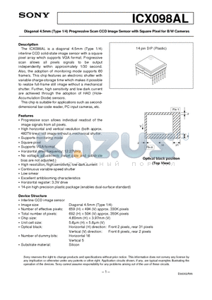 ICX098AL datasheet - Diagonal 4.5mm (Type 1/4) Progressive Scan CCD Image Sensor with Square Pixel for B/W Cameras