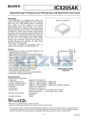 ICX205 datasheet - Diagonal 6mm (Type 1/3) Progressive Scan CCD Image Sensor with Square Pixel for B/W Cameras