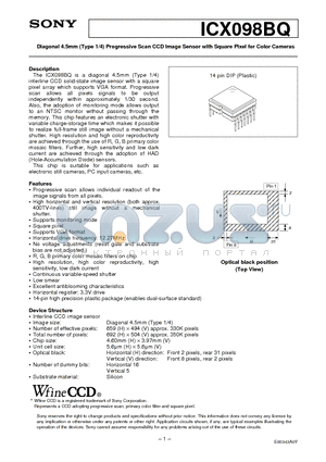 ICX098BQ datasheet - Diagonal 4.5mm (Type 1/4) Progressive Scan CCD Image Sensor with Square Pixel for Color Cameras