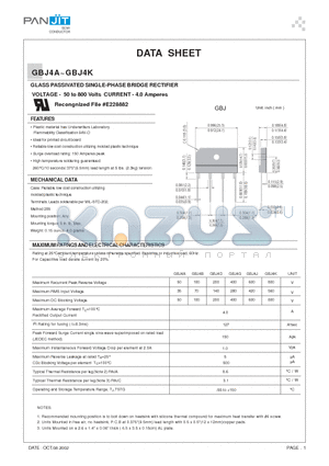 GBJ4B datasheet - GLASS PASSIVATED SINGLE-PHASE BRIDGE RECTIFIER(VOLTAGE - 50 to 800 Volts CURRENT - 4.0 Amperes)