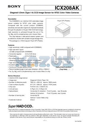 ICX208AK datasheet - Diagonal 4.5mm (Type 1/4) CCD Image Sensor for NTSC Color Video Cameras