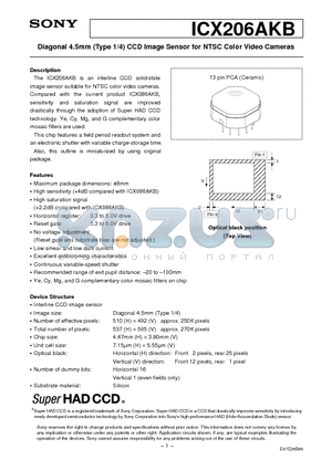 ICX206AKB datasheet - Diagonal 4.5mm (Type 1/4) CCD Image Sensor for NTSC Color Video Cameras